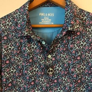 Pins & Aces Bold All Over Print Flower Daisy Power Fun Golf Polo Shirt Men’s M